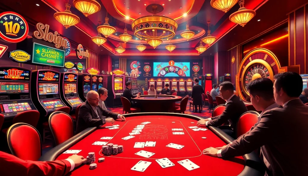 Engage in the exhilarating đánh bài đổi thưởng experience at a vibrant casino, showcasing players and lively gaming elements.